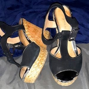 Black, woven bottom heels